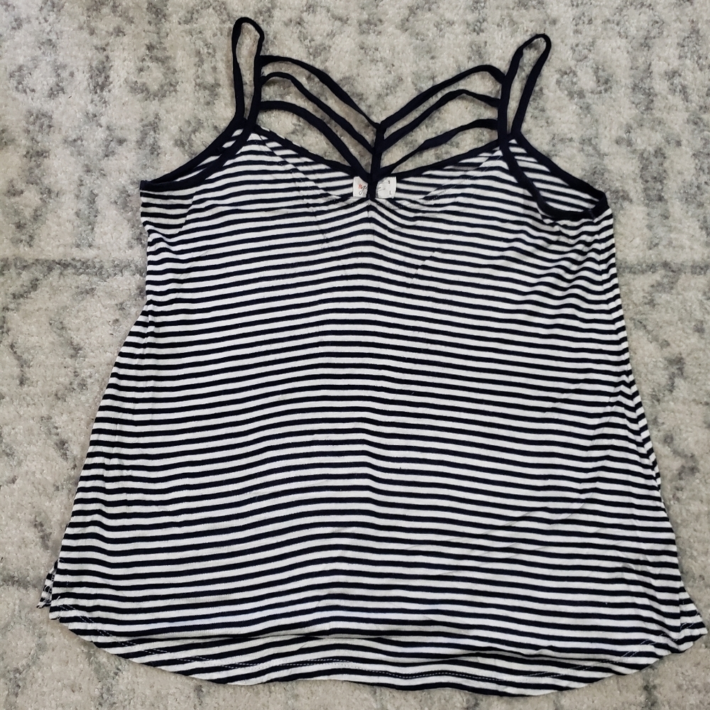 Glitz Navy Blue and White Striped Womens Junior Spaghetti Strap Tank Size Large